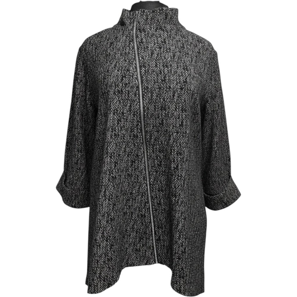 Comfy Stacey Jacket Black White Herringbone Zip Front Asymmetric Women's Small